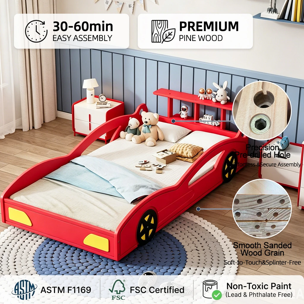 Letto singolo moderno per auto da corsa in legno, divano letto ecologico con contenitore e ruote per