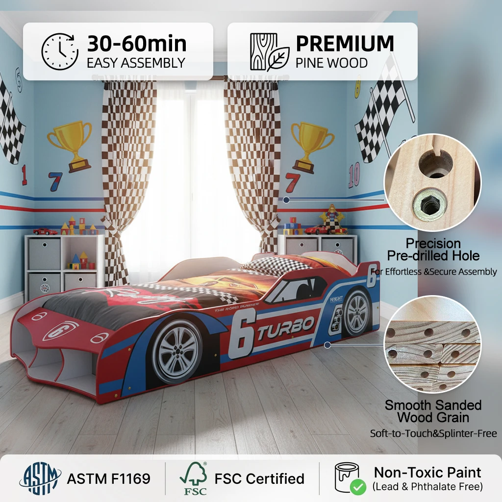 Lettino per bambini in legno a forma di auto da corsa, lettino per bambini ecologico con contenitore