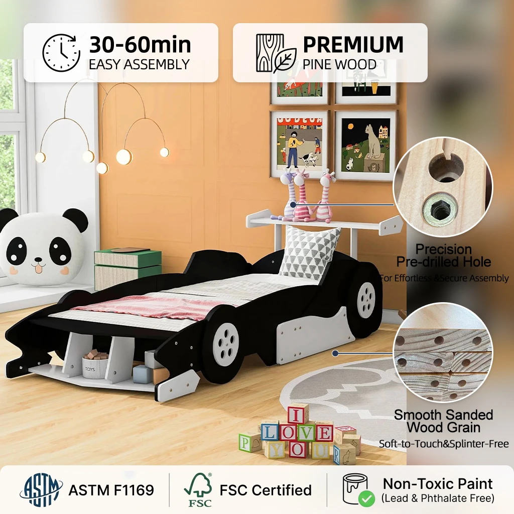 Letto moderno ed ecologico per auto da corsa in legno, divano letto a forma di auto da corsa per bam