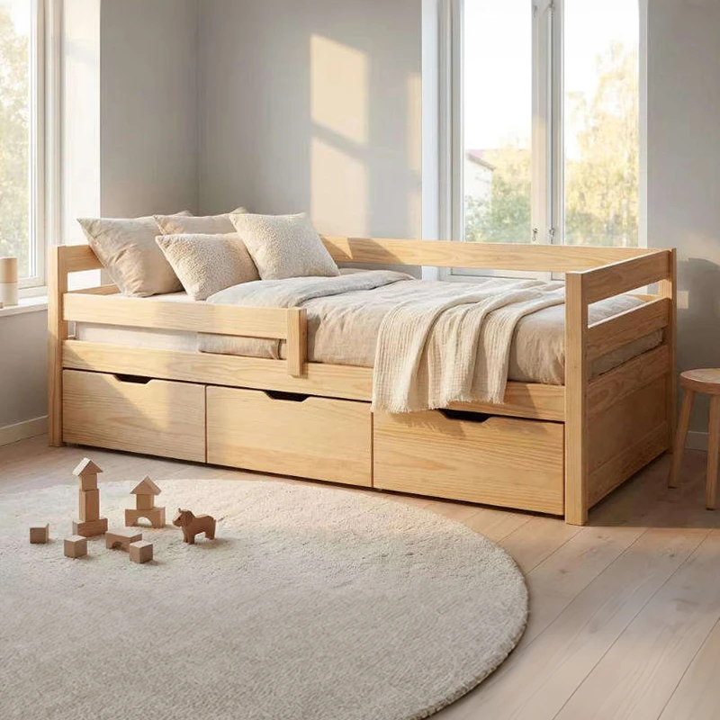 Dormeuse moderno ed ecologico in legno massello con cassetti, elegante letto Camas per bambini