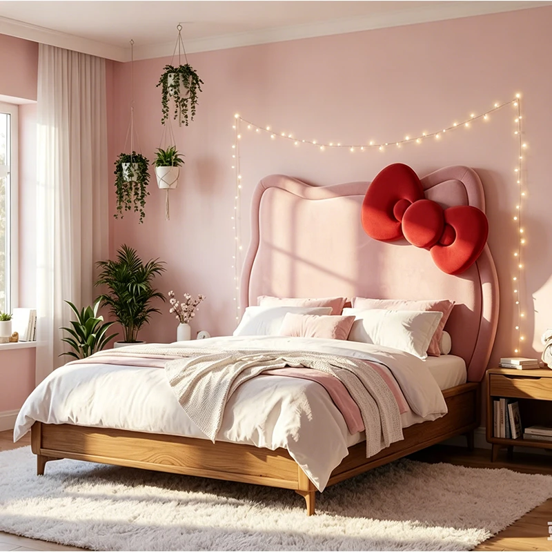 Letto imbottito moderno in legno Hello Kitty, divano letto ecologico per ragazze con contenitore per