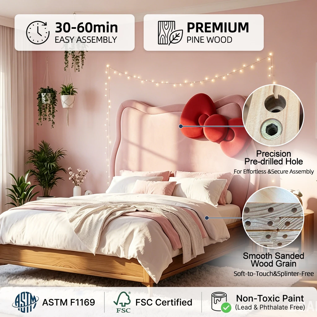 Letto imbottito moderno in legno Hello Kitty, divano letto ecologico per ragazze con contenitore per