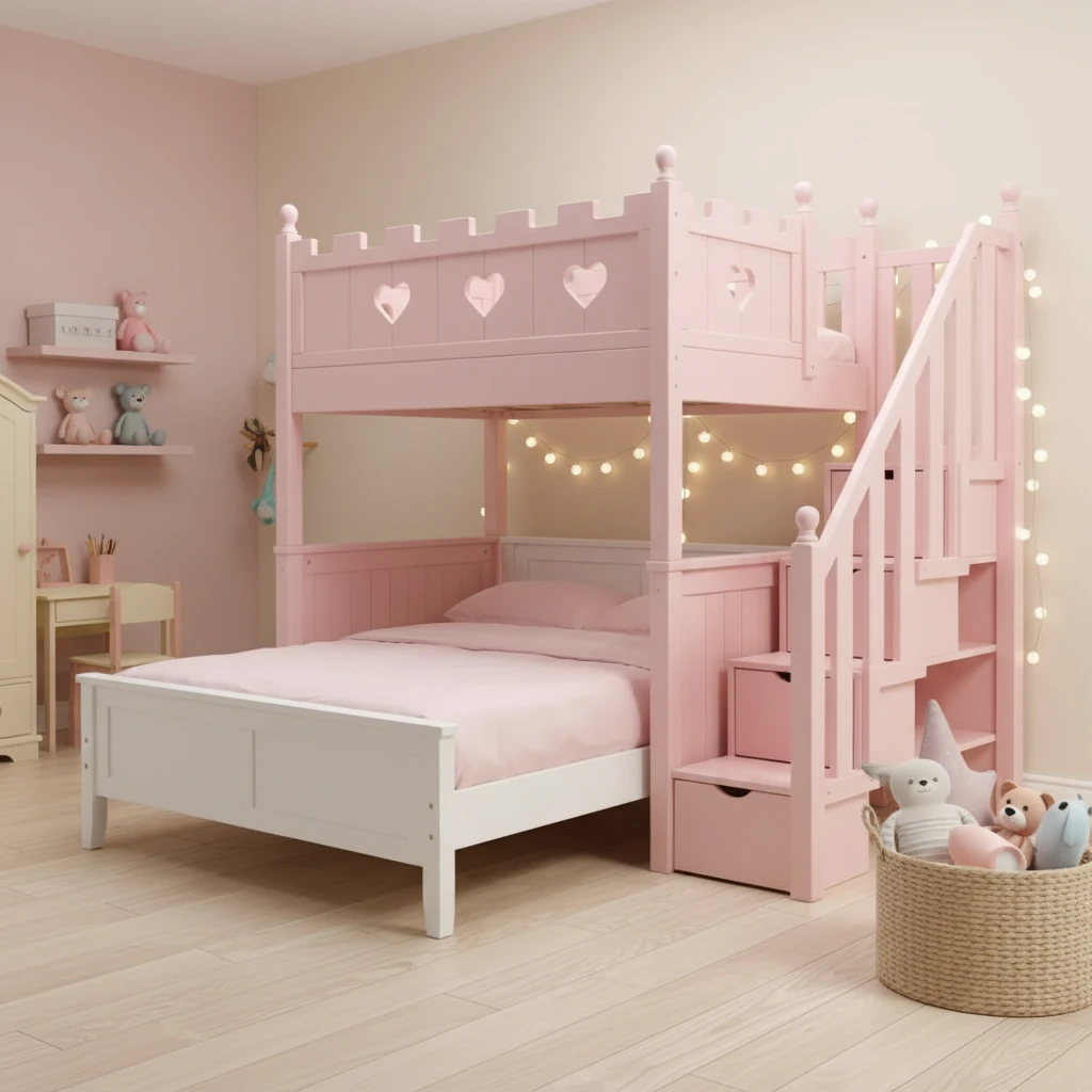 Letto a castello in legno massello castello principessa rosa con scale portaoggetti, letto da favola