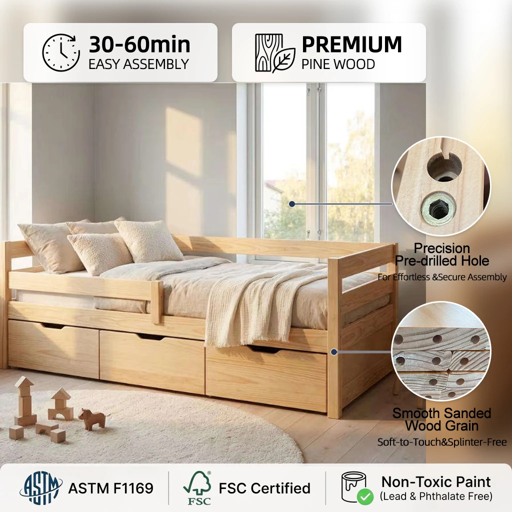 Dormeuse moderno ed ecologico in legno massello con cassetti, elegante letto Camas per bambini