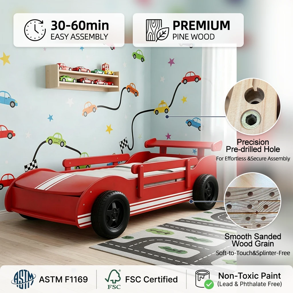 Letto a castello a tema auto per bambini in legno massello Set completo, spazio di archiviazione inc
