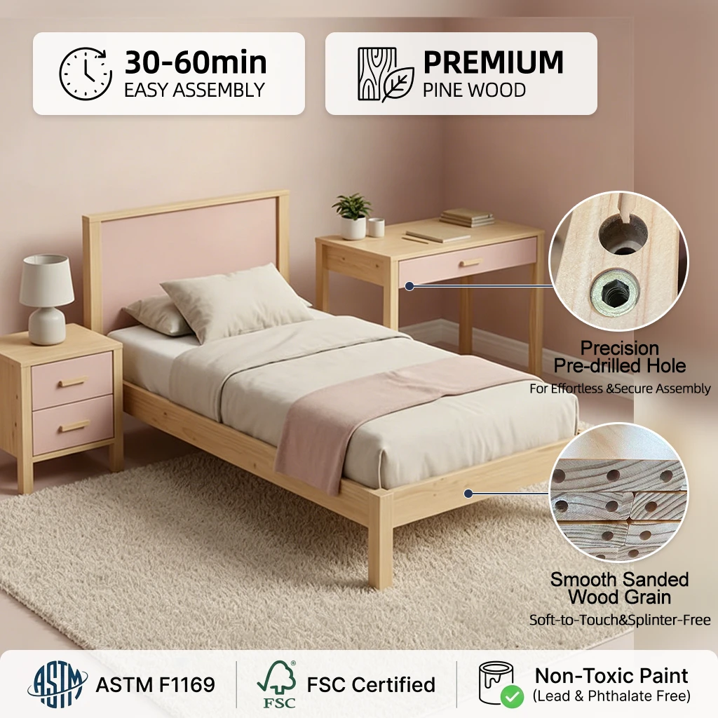 Set di mobili per camera da letto rosa in legno massello con letto per bambini e scrivania, arredame
