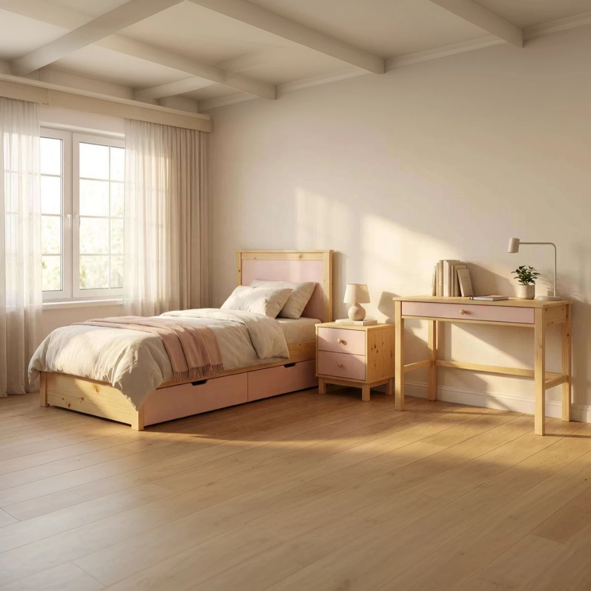 Set di mobili per camera da letto rosa in legno massello con letto per bambini e scrivania, arredame