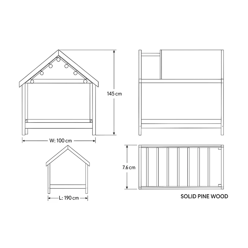 Letto per bambini moderno a forma di casa, struttura in legno massello di pino con tetto, finitura n