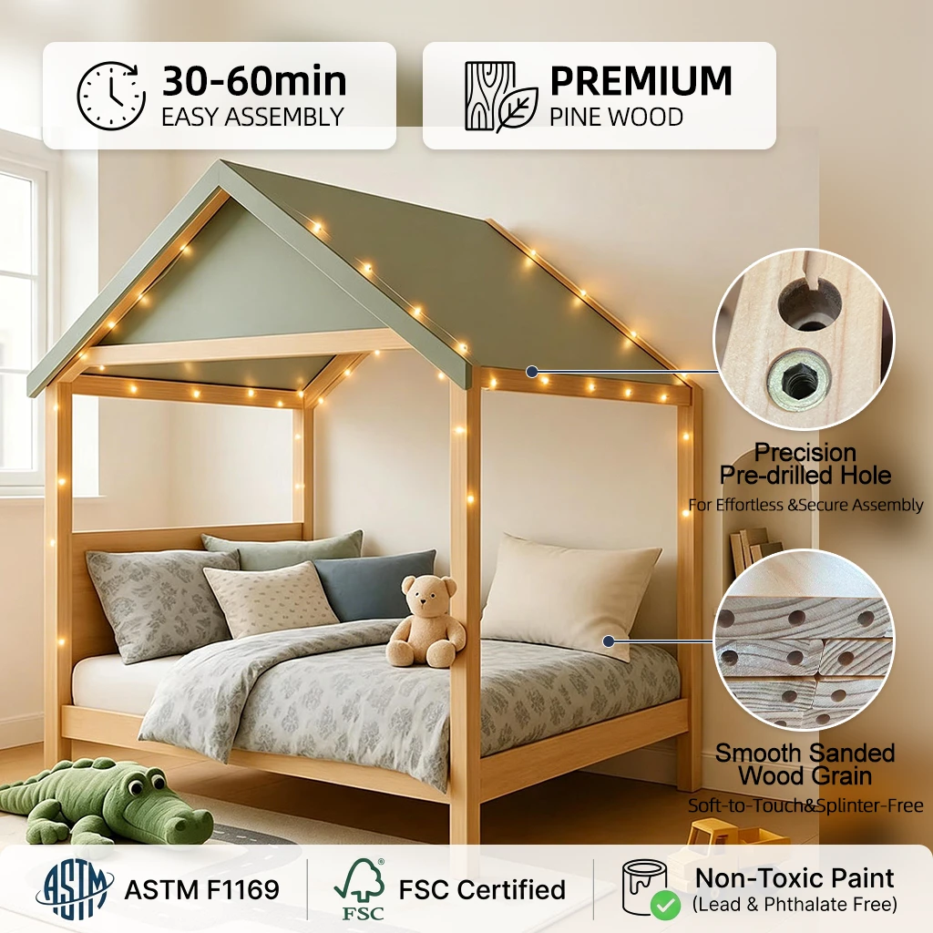 Letto per bambini moderno a forma di casa, struttura in legno massello di pino con tetto, finitura n
