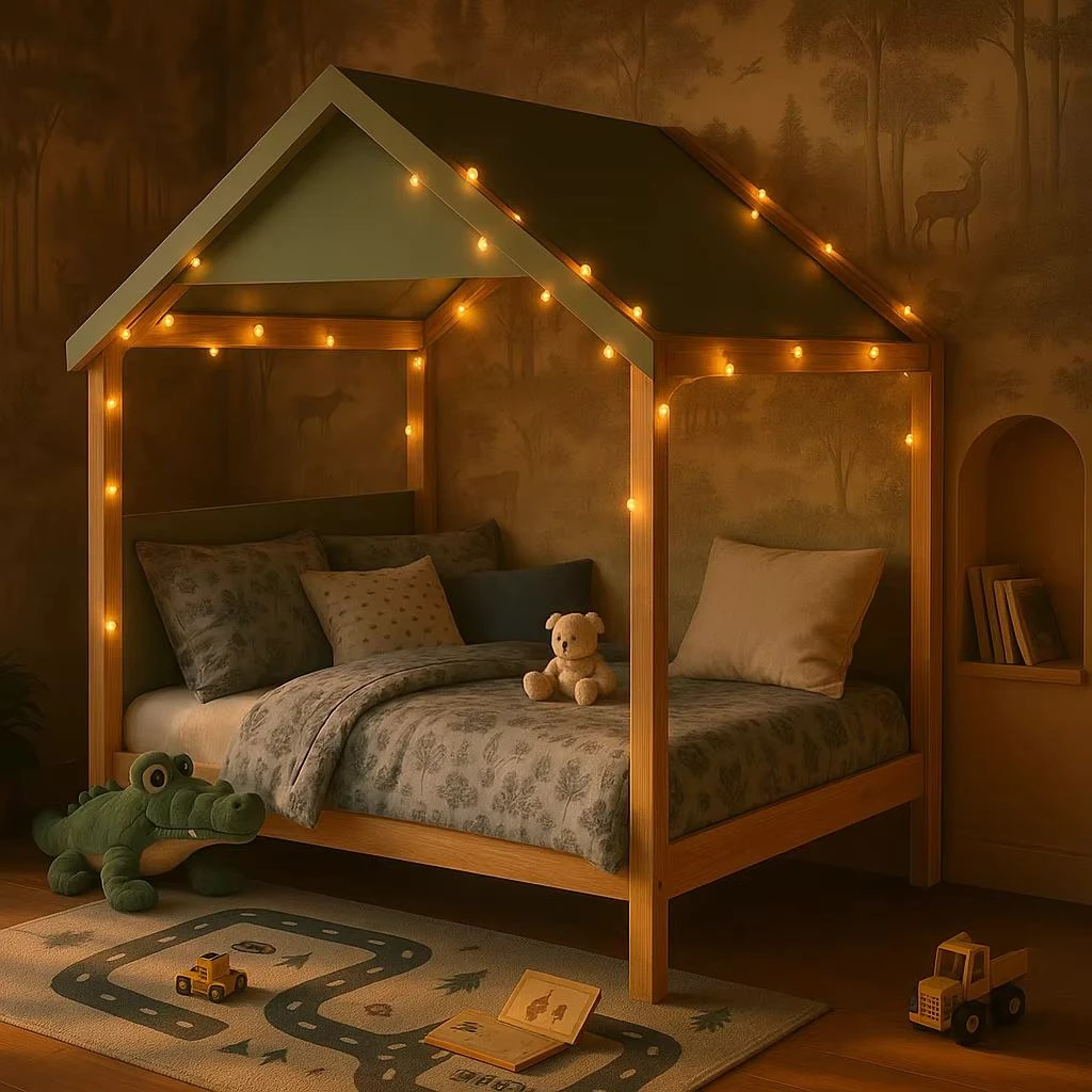 Letto per bambini moderno a forma di casa, struttura in legno massello di pino con tetto, finitura n