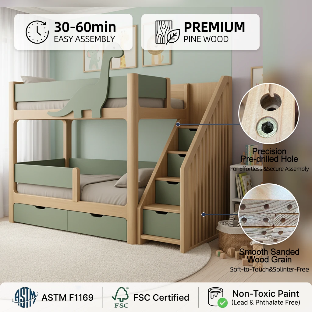 Letto a castello per bambini in legno massello a tema dinosauro, letto moderno con scivolo e conteni