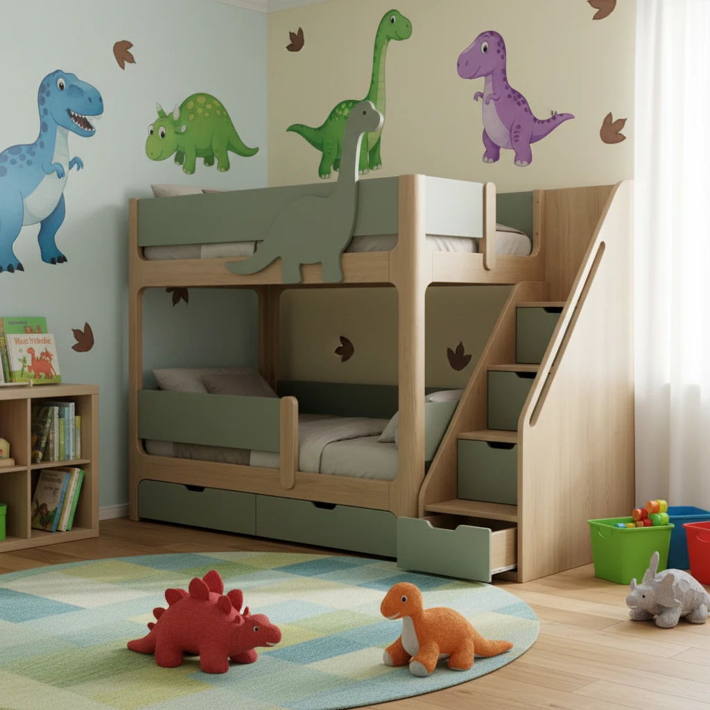 Letto a castello per bambini in legno massello a tema dinosauro, letto moderno con scivolo e conteni
