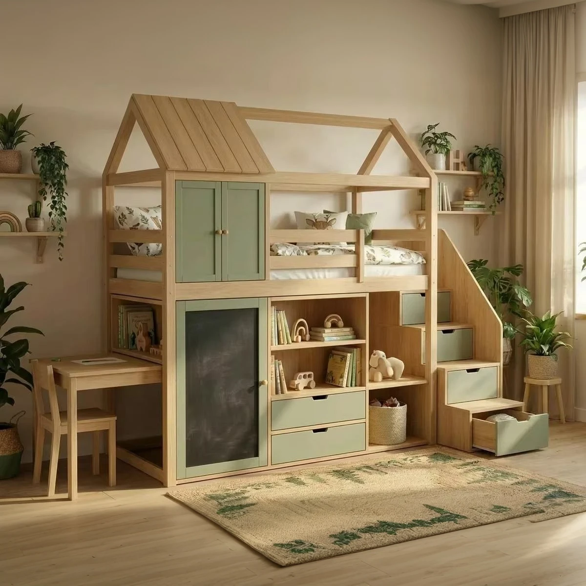 Letto a castello per bambini in legno verde oliva ecologico del marchio SR, letto moderno multifunzi