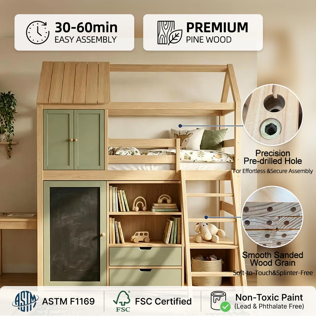 Letto a castello per bambini in legno verde oliva ecologico del marchio SR, letto moderno multifunzi