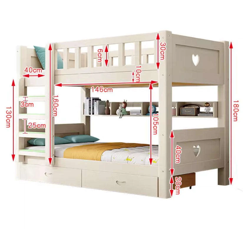 Letto a castello alto e basso per bambini moderno in legno massello, struttura spessa a due livelli