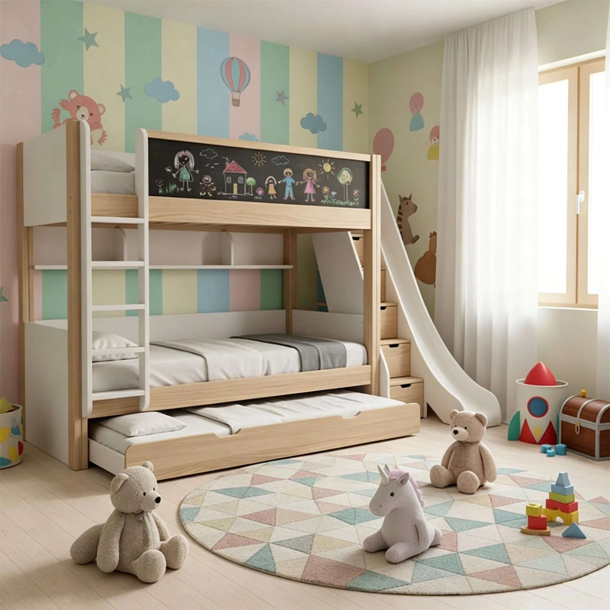 Letto a castello per bambini moderno a due piani con scivolo e guardrail, struttura letto in legno p