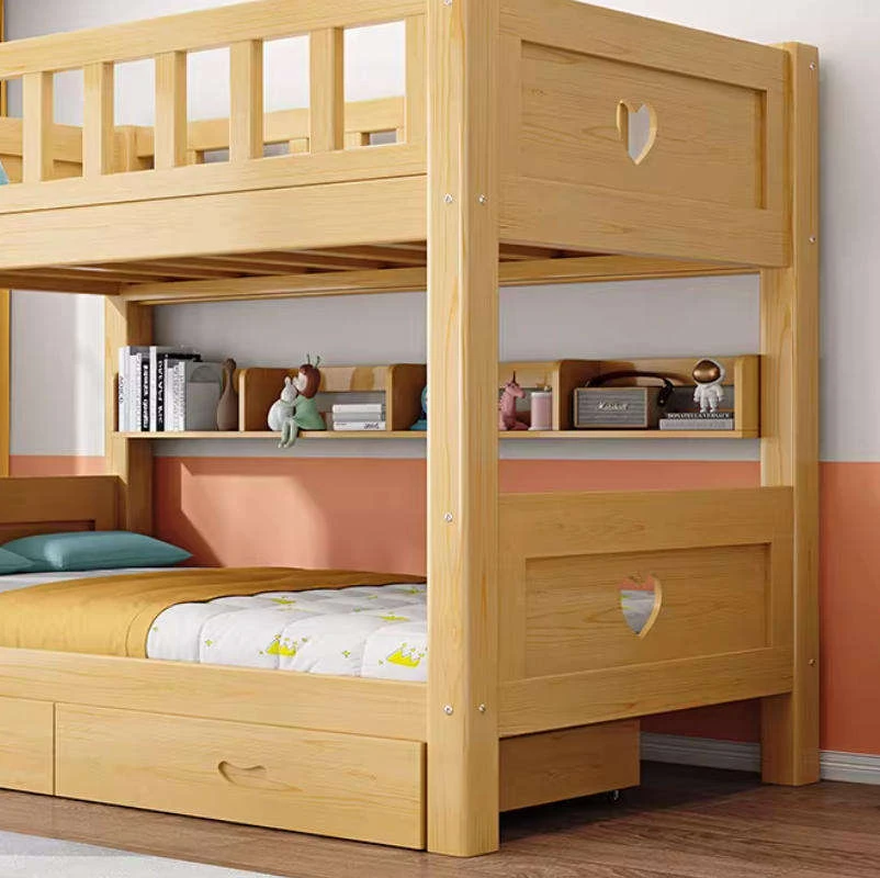 Letto a castello alto e basso per bambini moderno in legno massello, struttura spessa a due livelli
