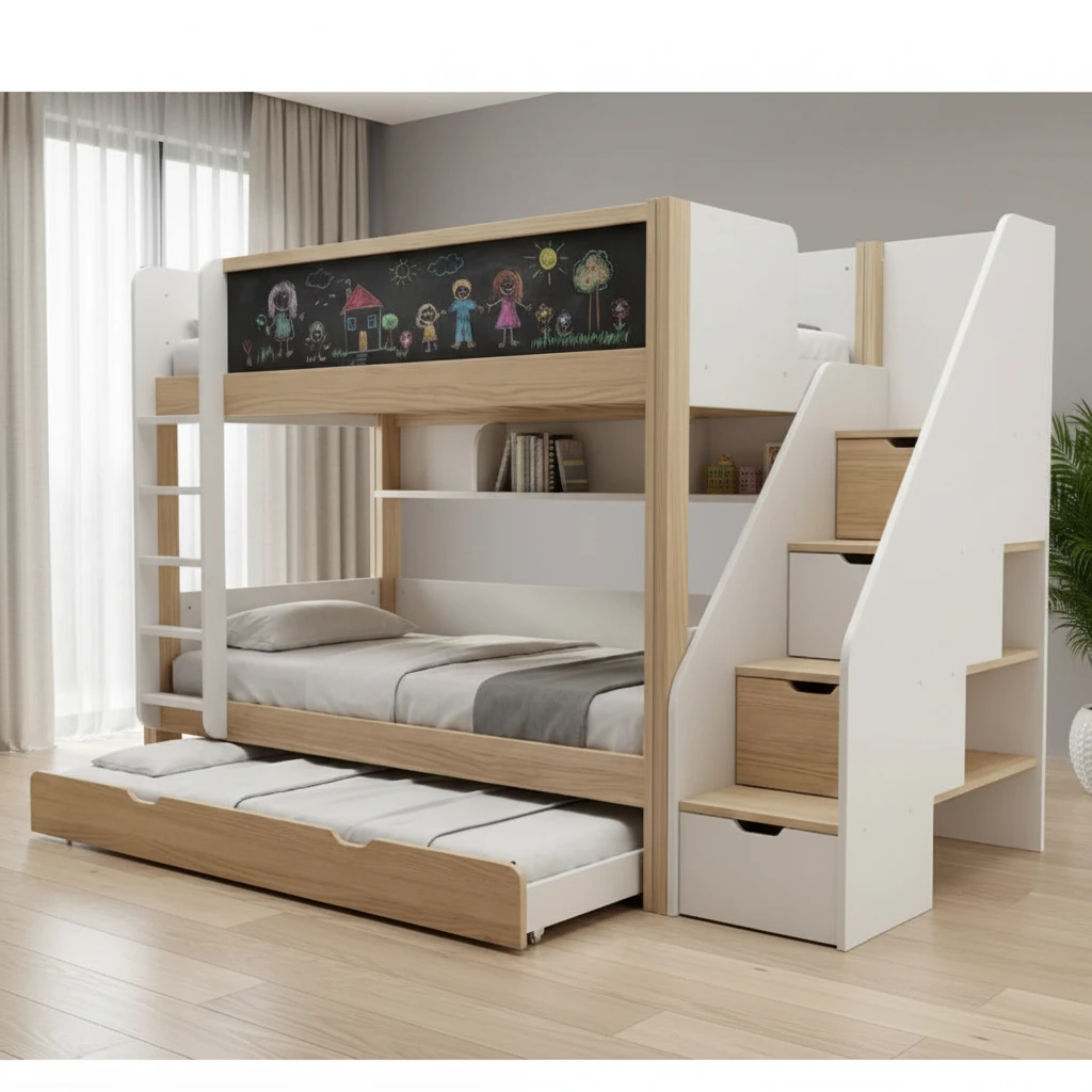 Letto a castello per bambini moderno a due piani con scivolo e guardrail, struttura letto in legno p