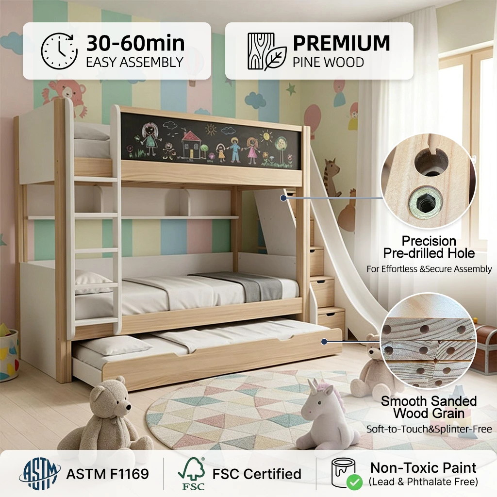 Letto a castello per bambini moderno a due piani con scivolo e guardrail, struttura letto in legno p