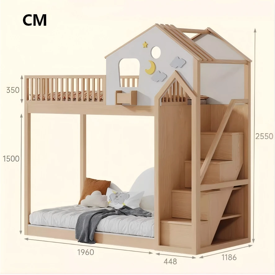 Letto matrimoniale rialzato multifunzionale per madre e bambino, letto moderno in legno massello con