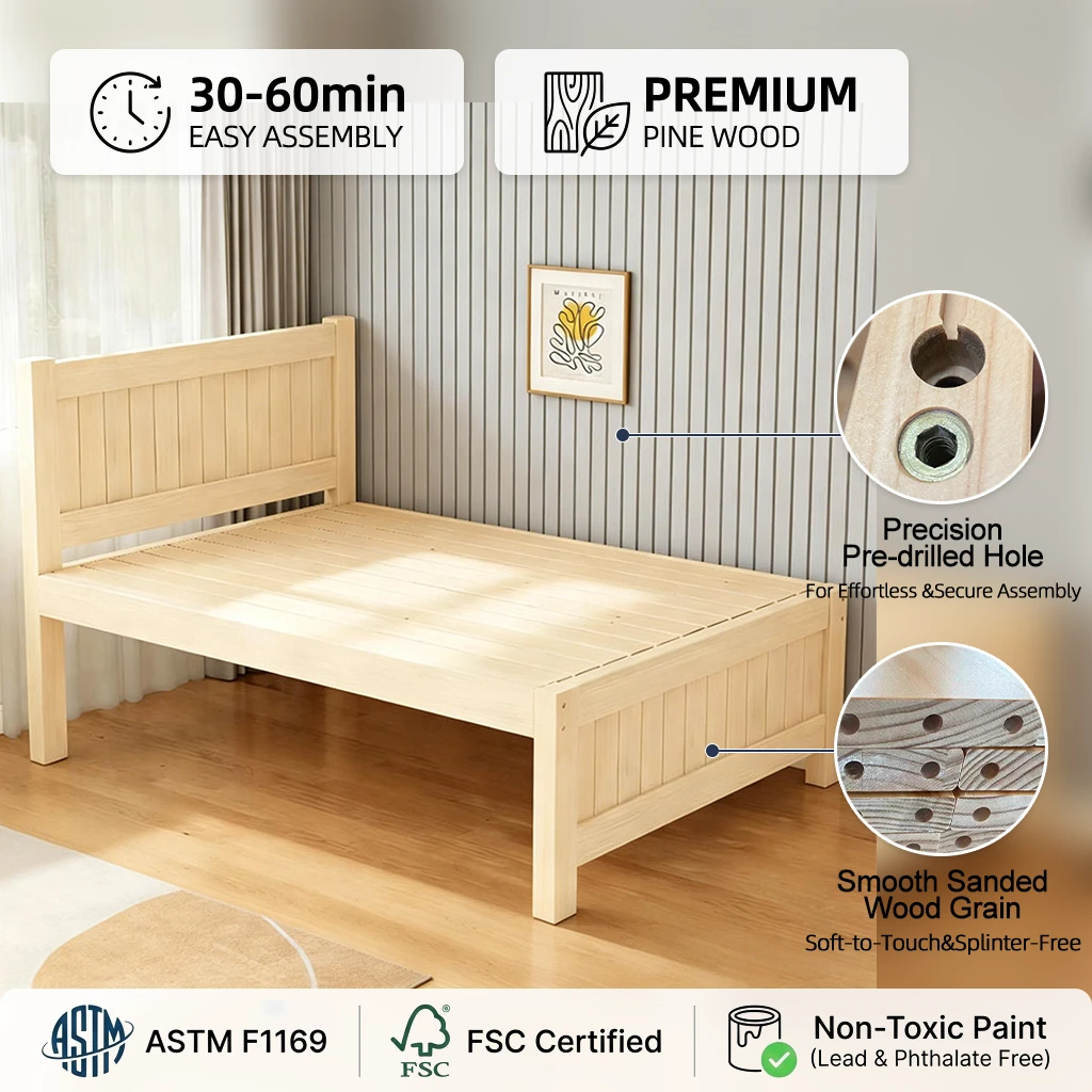Letto contenitore moderno con struttura rialzata in pino massiccio, letto per bambini singolo e dopp
