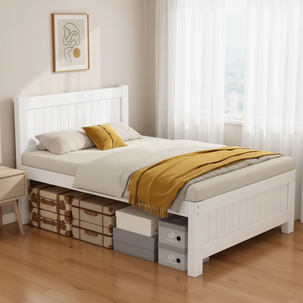Letto contenitore moderno con struttura rialzata in pino massiccio, letto per bambini singolo e dopp