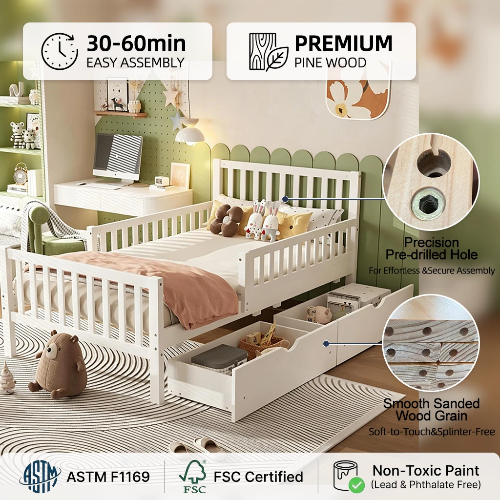 Struttura letto moderna per bambini con piattaforma in legno massello con 3 cassetti portaoggetti so