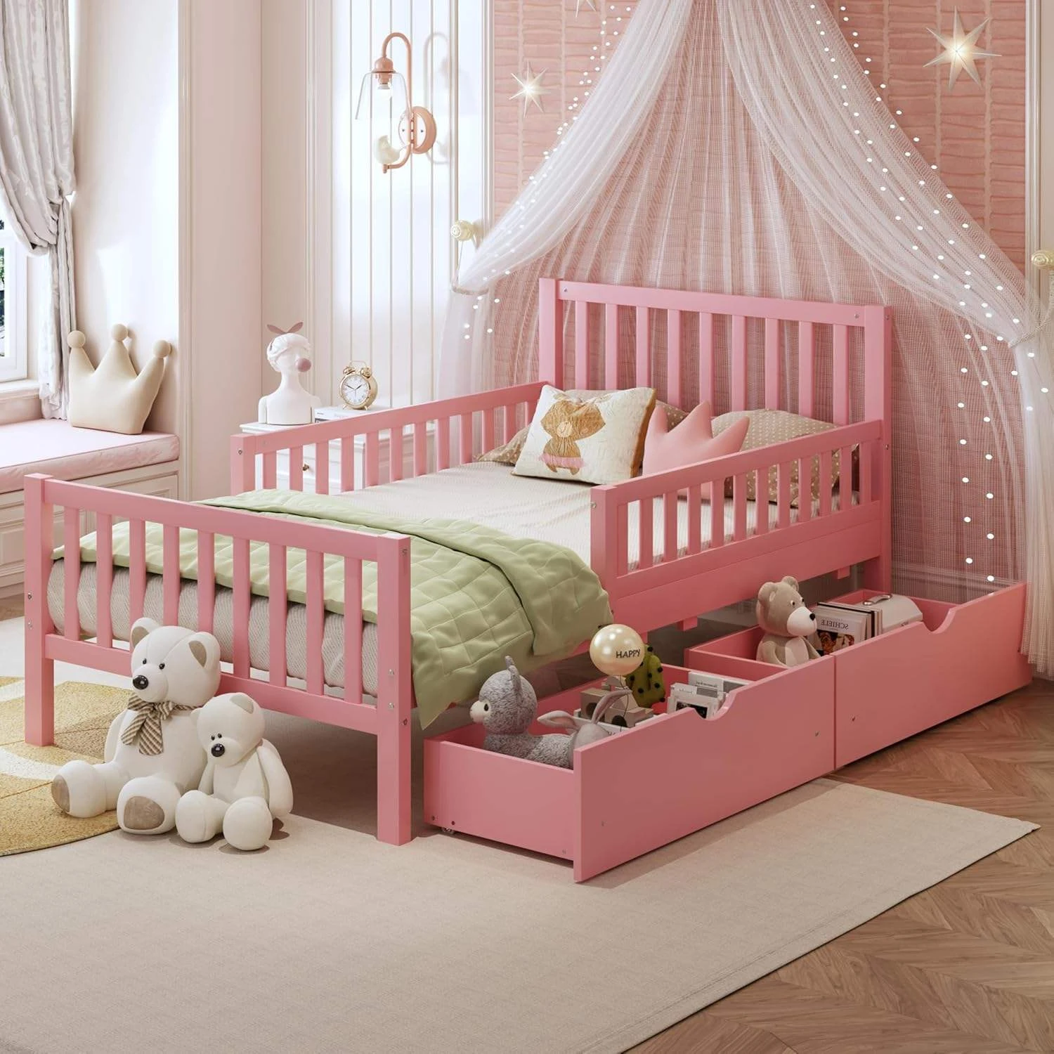 Struttura letto moderna per bambini con piattaforma in legno massello con 3 cassetti portaoggetti so