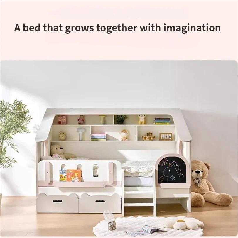 Letto moderno per bambini con cassetti portaoggetti e libreria incorporata, lettino Montessori per b