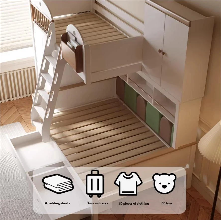Letto alto basso per bambini moderno in legno massello sfalsato, letto sfalsato combinato multifunzi