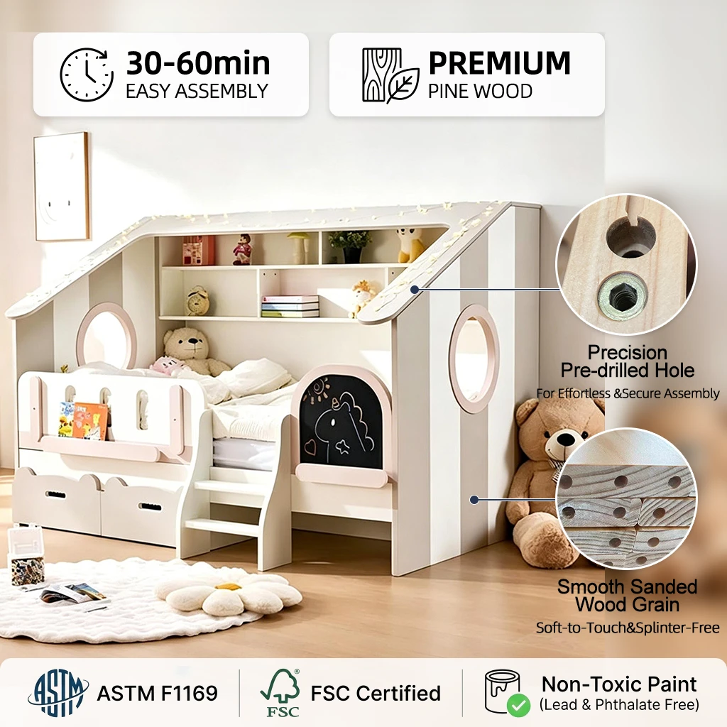 Letto moderno per bambini con cassetti portaoggetti e libreria incorporata, lettino Montessori per b