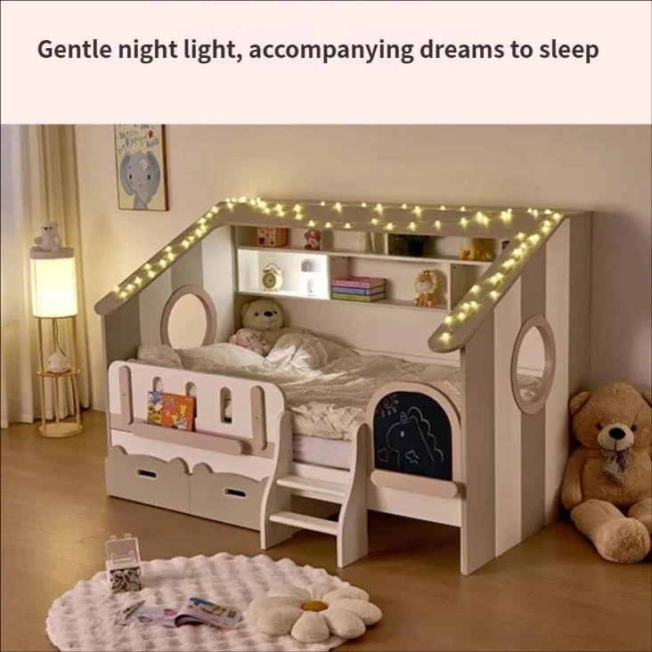 Letto moderno per bambini con cassetti portaoggetti e libreria incorporata, lettino Montessori per b
