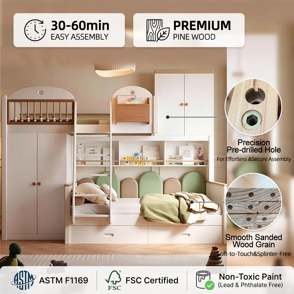 Letto alto basso per bambini moderno in legno massello sfalsato, letto sfalsato combinato multifunzi