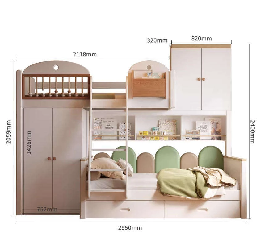 Letto alto basso per bambini moderno in legno massello sfalsato, letto sfalsato combinato multifunzi