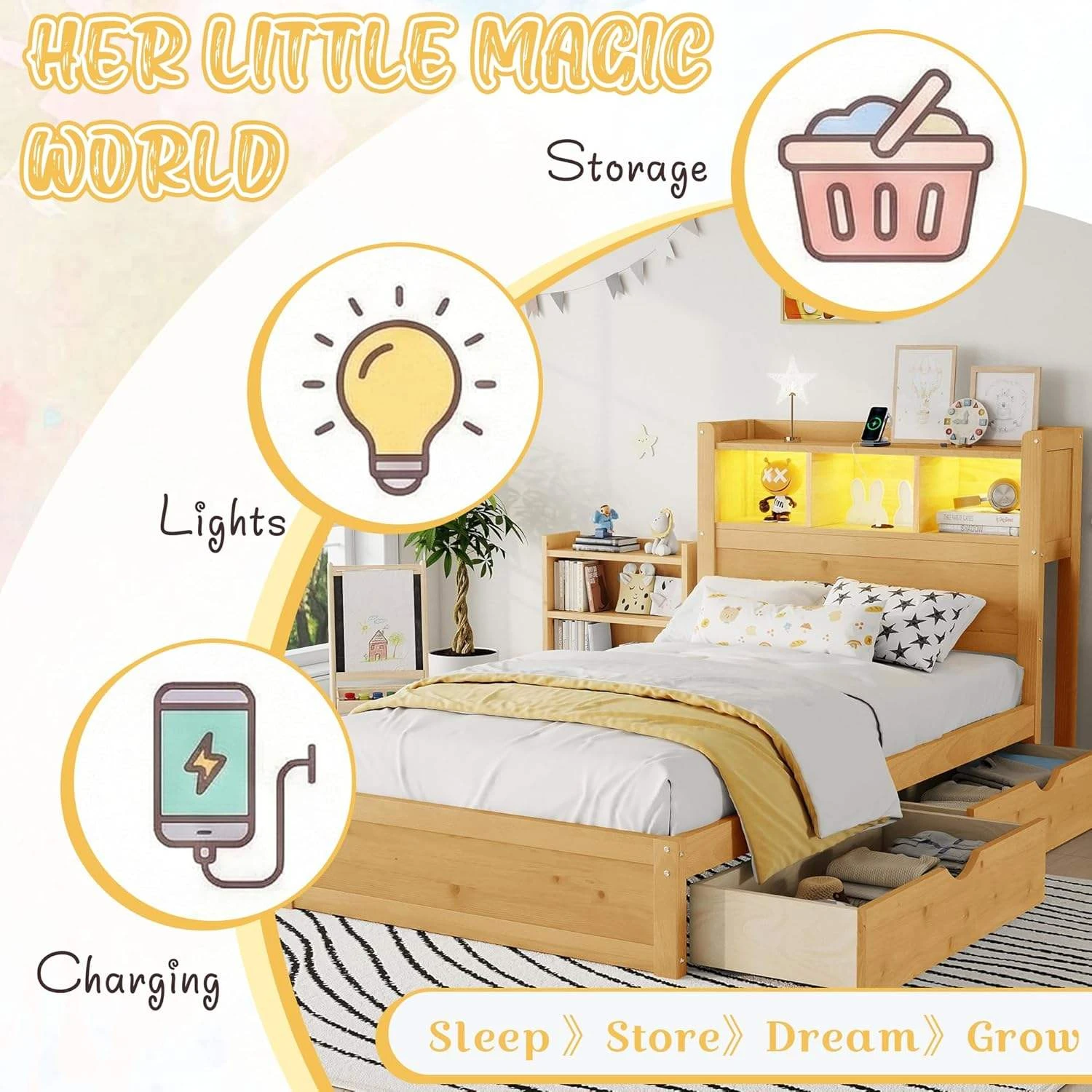 Letto per bambini moderno in legno massello con testiera portaoggetti con luce a LED e 3 cassetti la