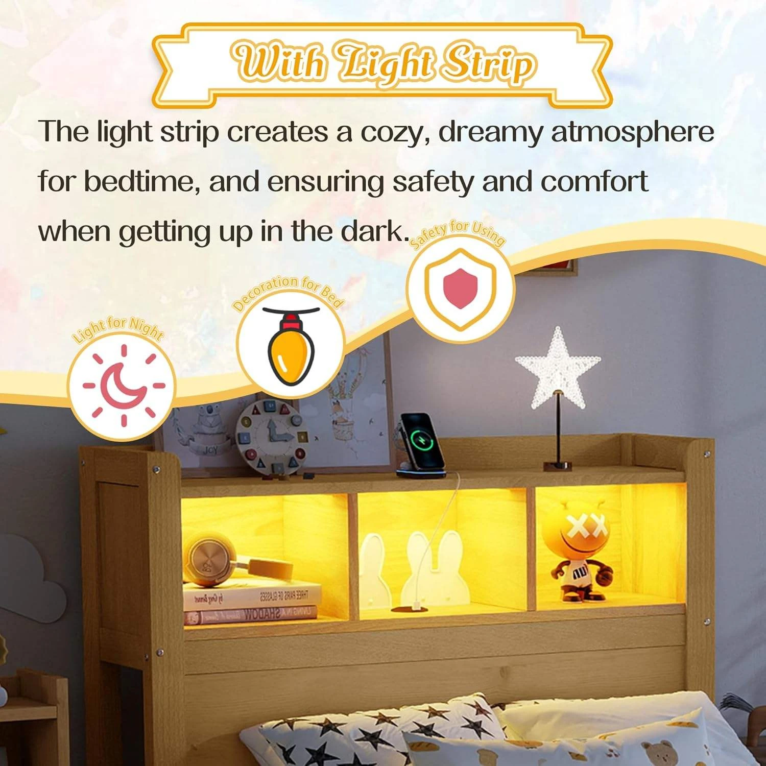 Letto per bambini moderno in legno massello con testiera portaoggetti con luce a LED e 3 cassetti la