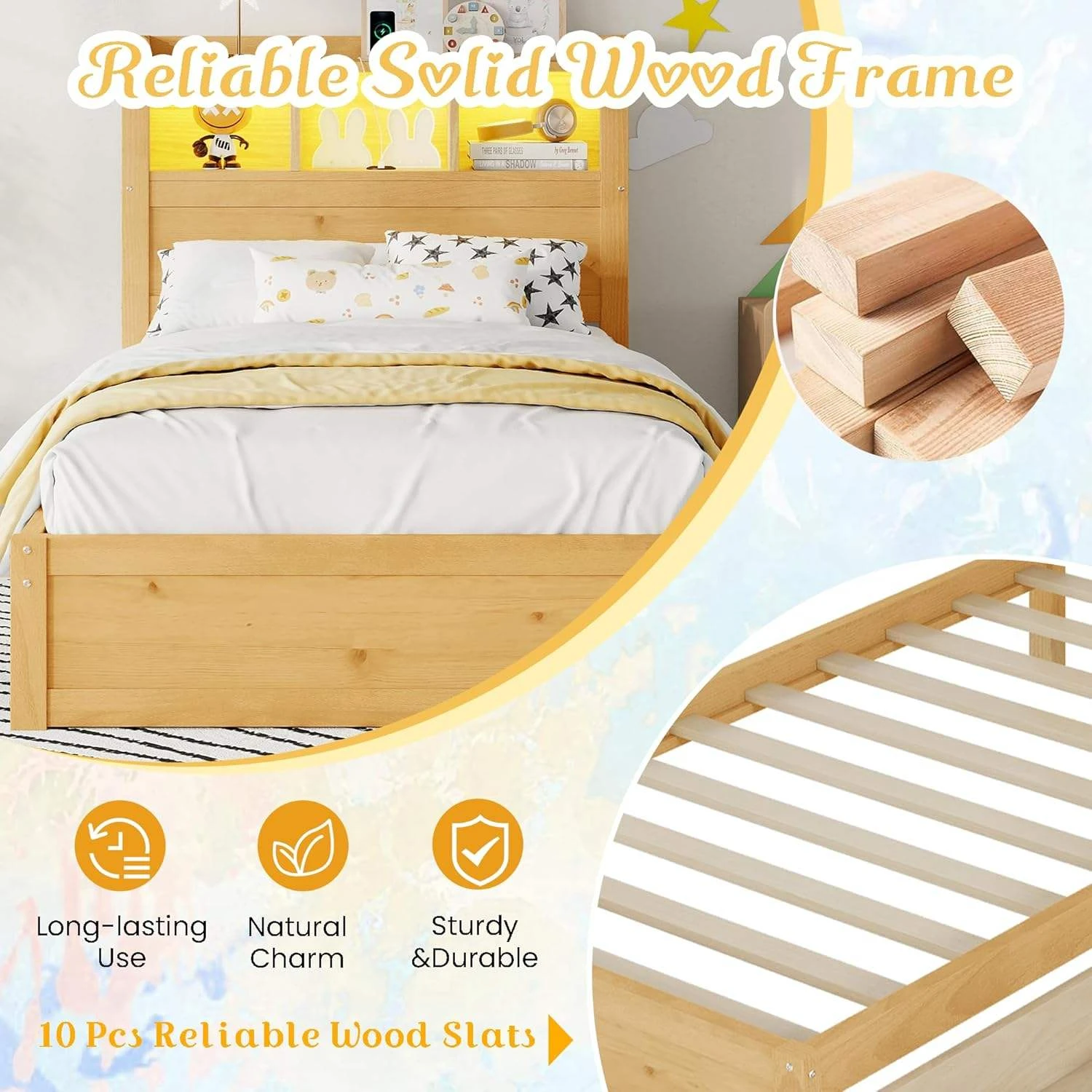Letto per bambini moderno in legno massello con testiera portaoggetti con luce a LED e 3 cassetti la