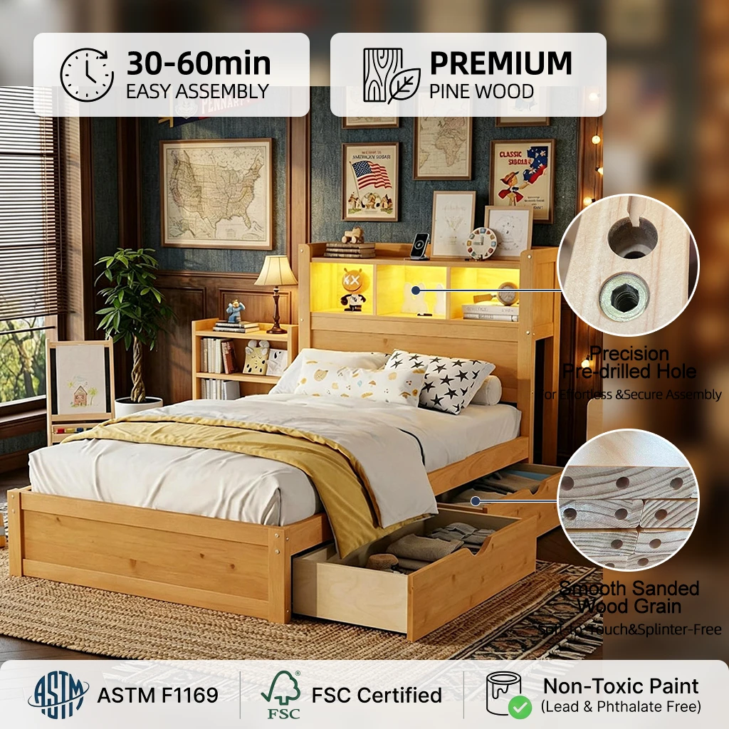 Letto per bambini moderno in legno massello con testiera portaoggetti con luce a LED e 3 cassetti la