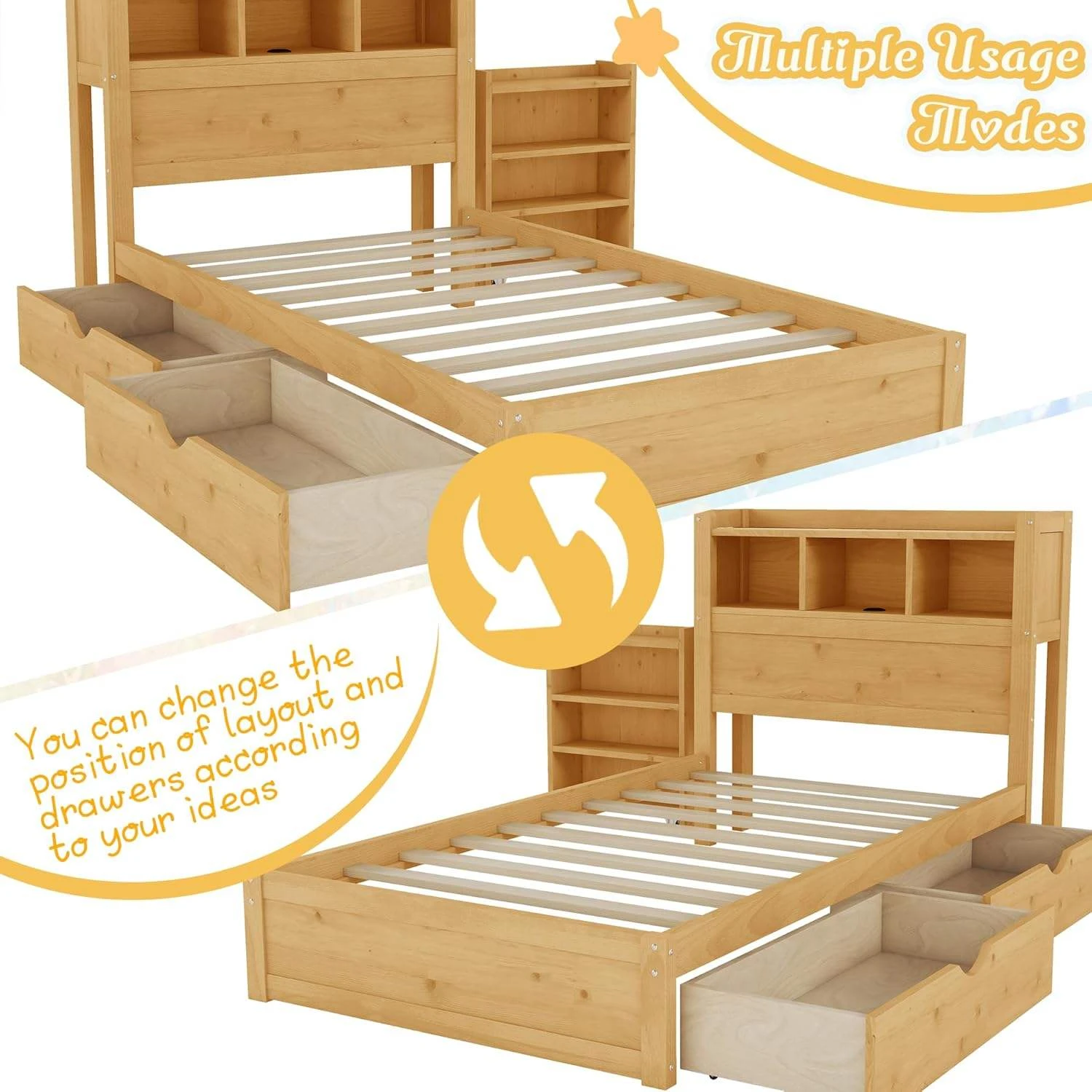 Letto per bambini moderno in legno massello con testiera portaoggetti con luce a LED e 3 cassetti la