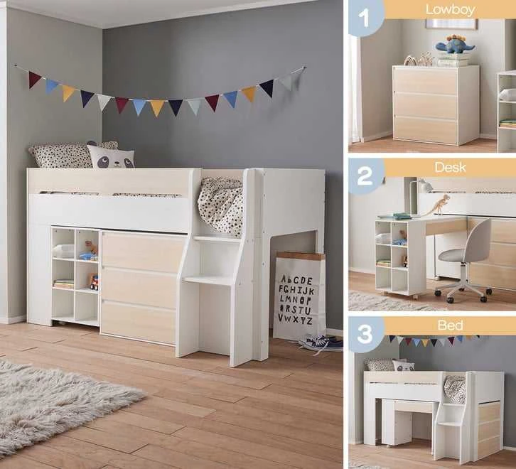 Letto a soppalco moderno e multifunzionale per bambini con scrivania integrata, libreria e 3 cassett