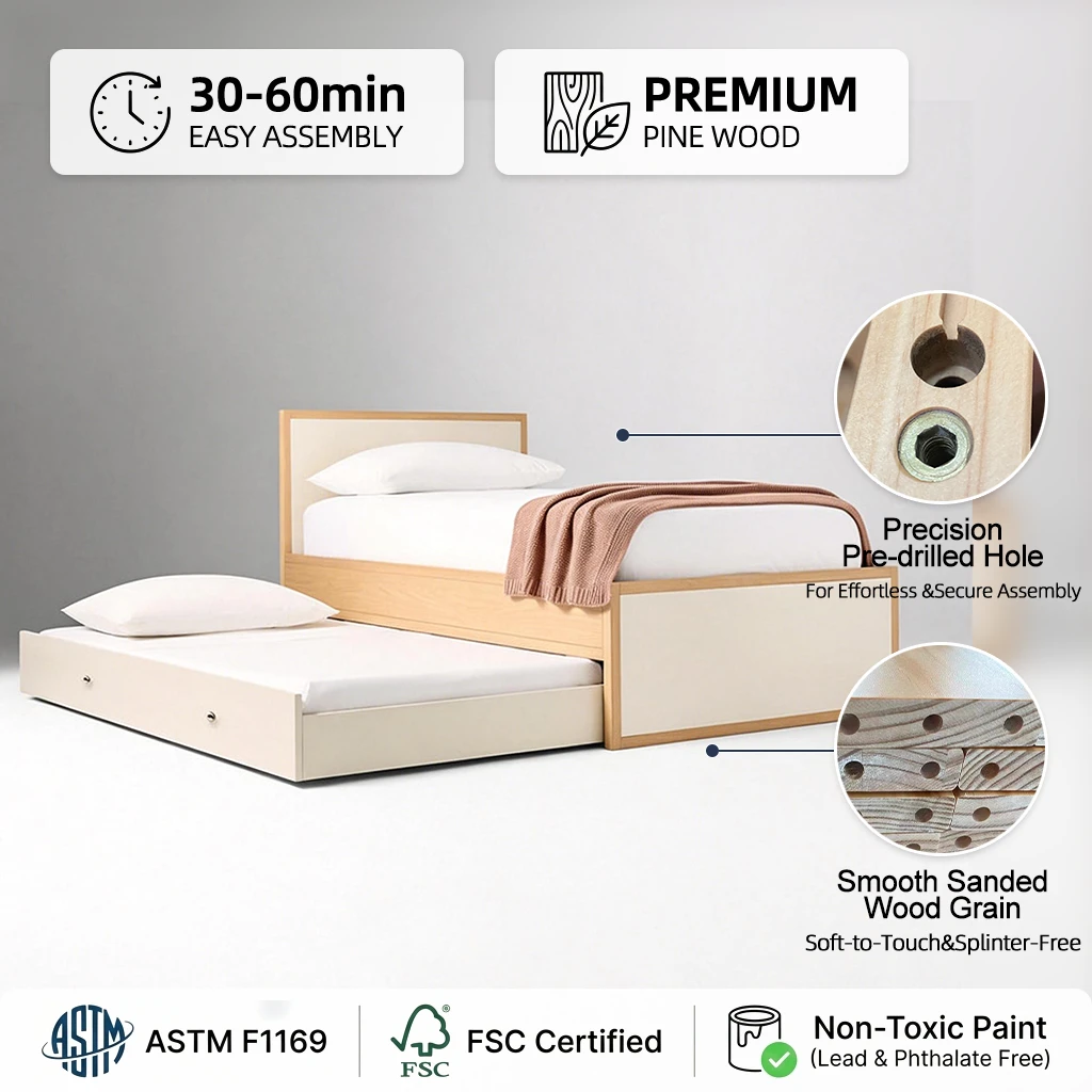 Letto moderno con piattaforma doppia con rotelle estraibile, struttura letto minimalista in legno pe