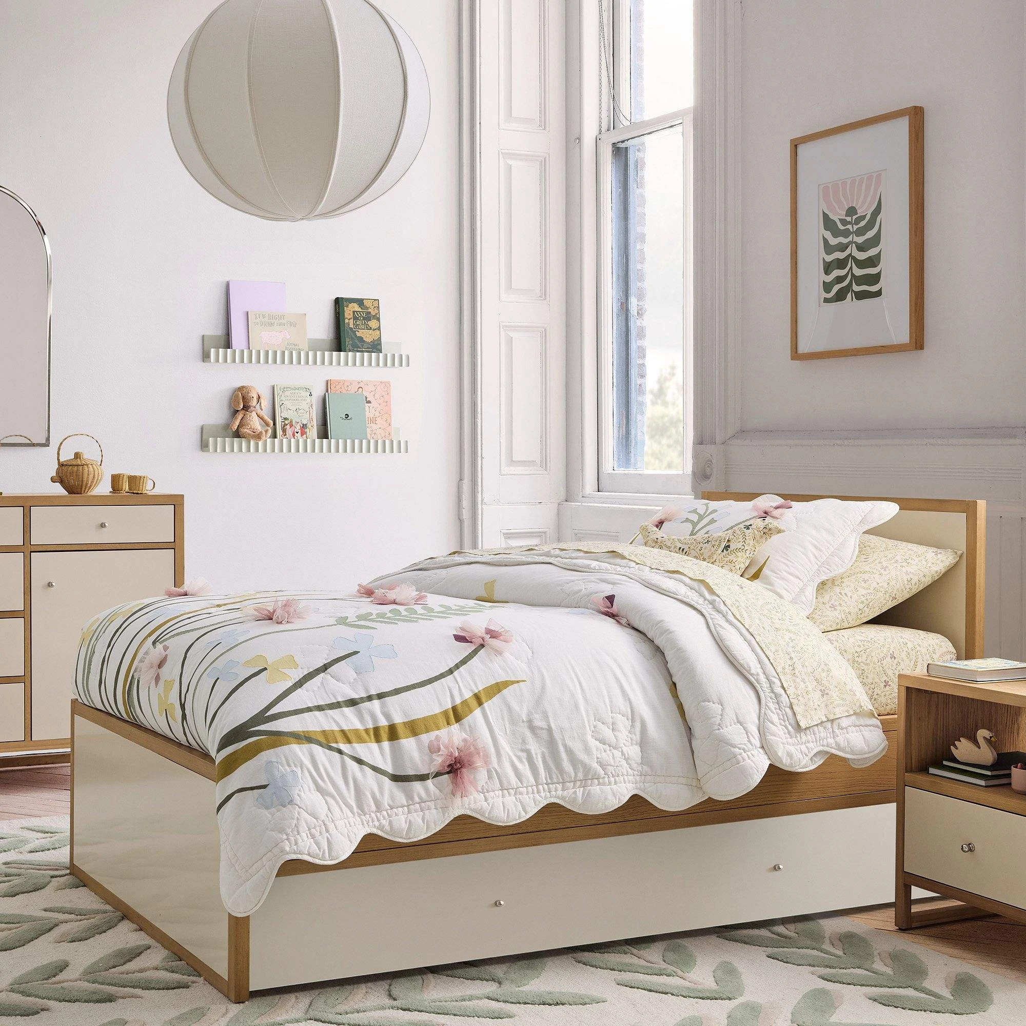 Letto moderno con piattaforma doppia con rotelle estraibile, struttura letto minimalista in legno pe