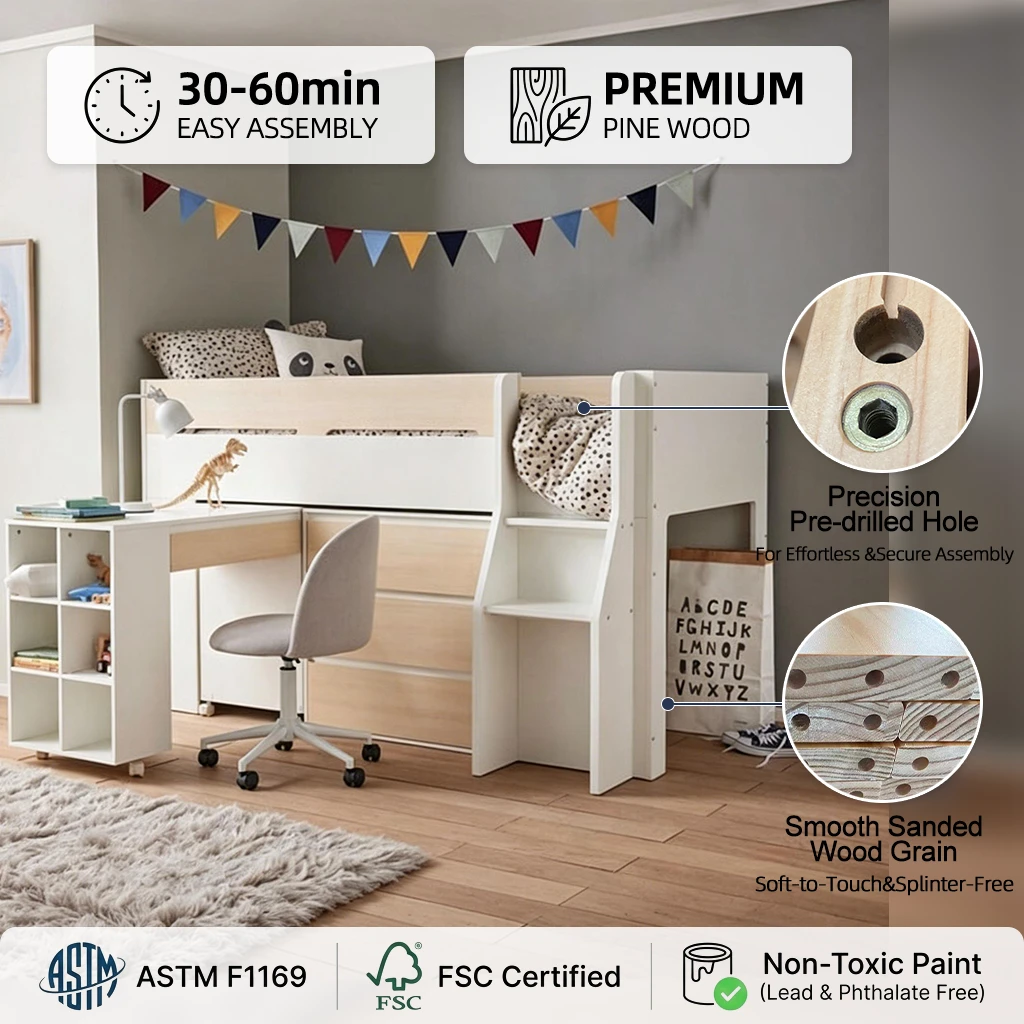 Letto a soppalco moderno e multifunzionale per bambini con scrivania integrata, libreria e 3 cassett