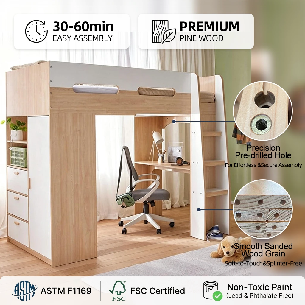 Letto a soppalco moderno per bambini con armadio integrato, scrivania integrata e 3 cassetti, letto