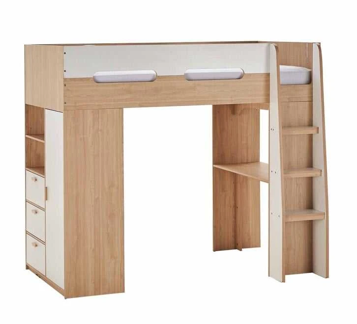 Letto a soppalco moderno per bambini con armadio integrato, scrivania integrata e 3 cassetti, letto