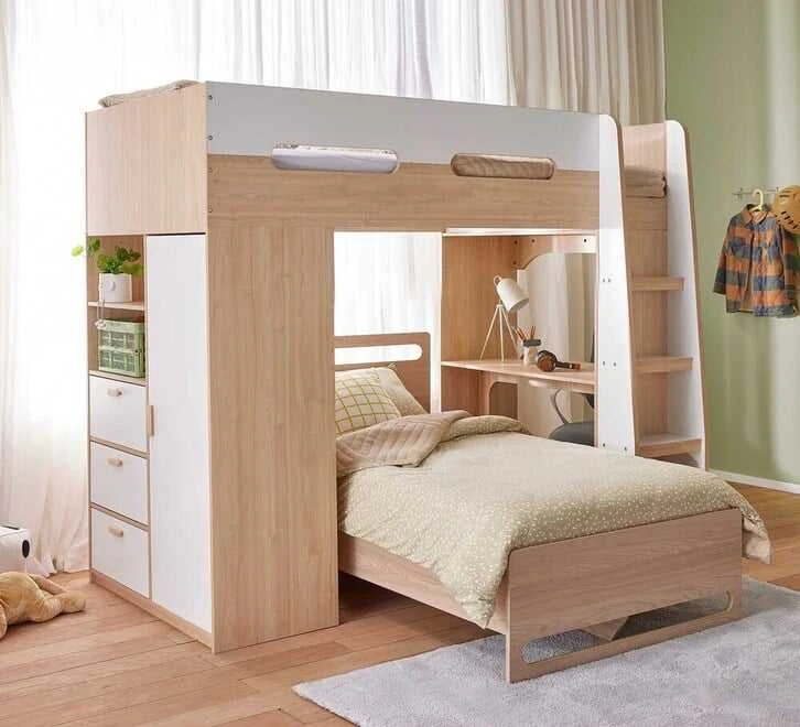 Letto a soppalco moderno per bambini con armadio integrato, scrivania integrata e 3 cassetti, letto