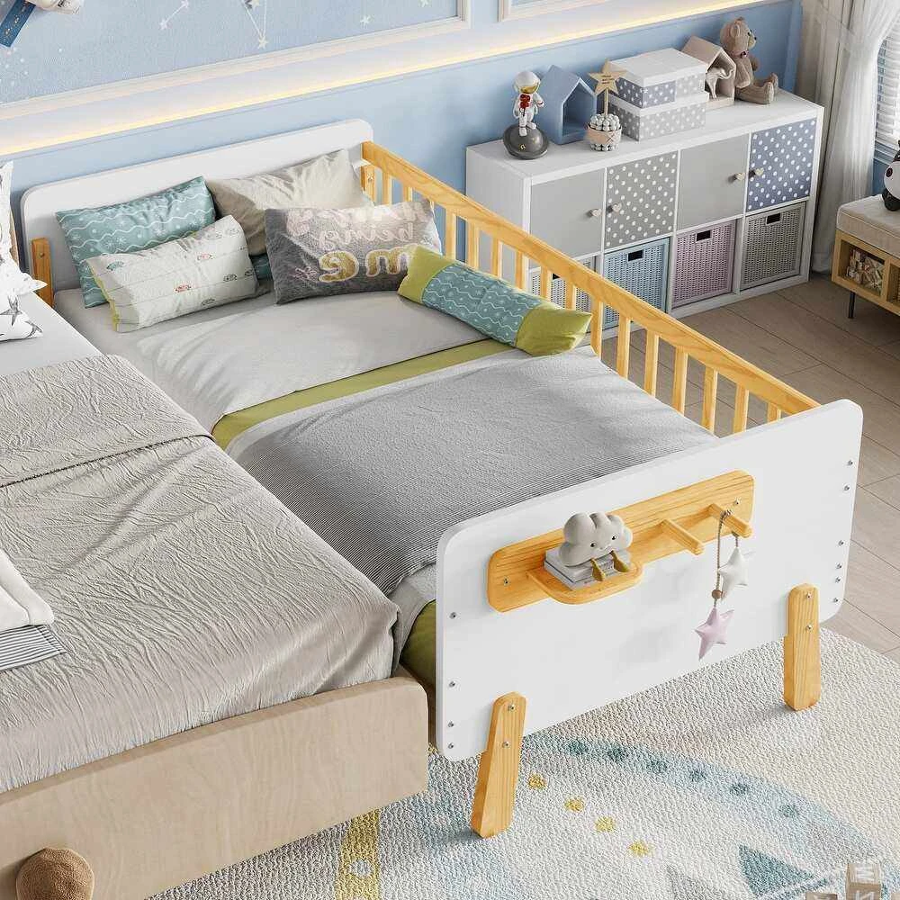 Letto moderno per bambini con piattaforma in legno massello con sponde di sicurezza e ripiano integr