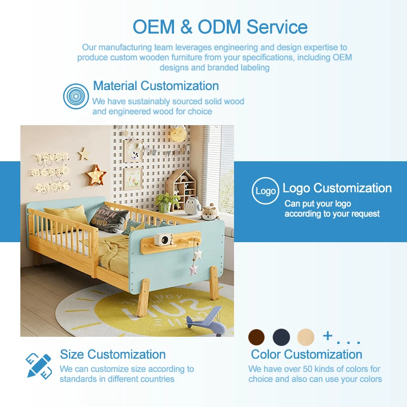 Letto moderno per bambini con piattaforma in legno massello con sponde di sicurezza e ripiano integr