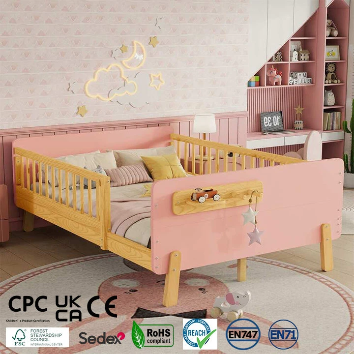 Letto moderno per bambini con piattaforma in legno massello con sponde di sicurezza e ripiano integr