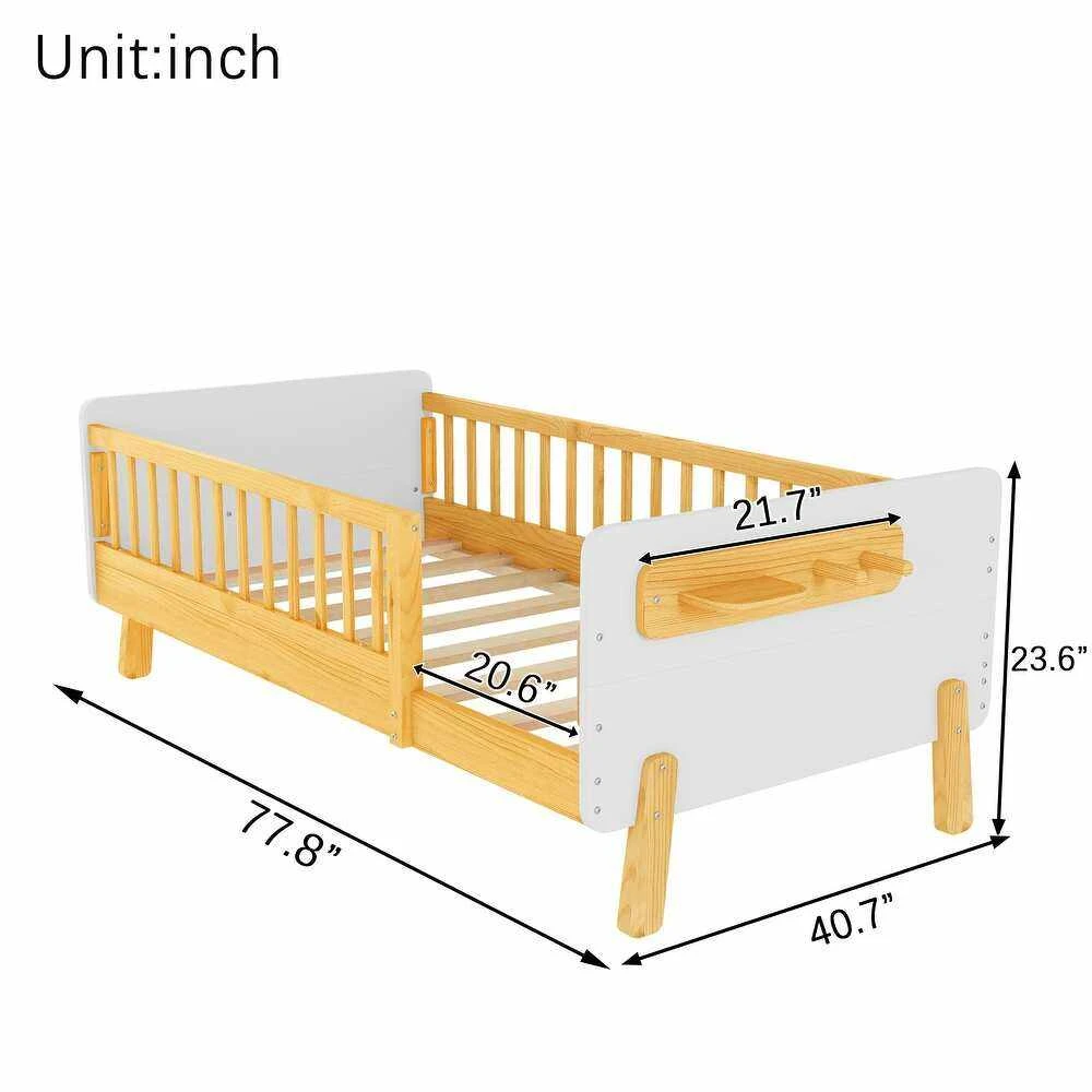 Letto moderno per bambini con piattaforma in legno massello con sponde di sicurezza e ripiano integr
